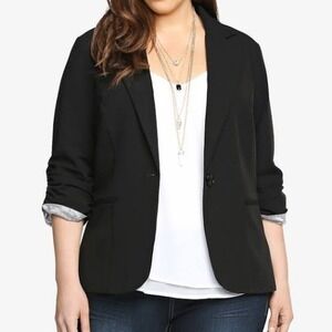 Torrid Women's Black Blazer Ruched 3/4 Sleeves One Button Notched Lapel Size 2X